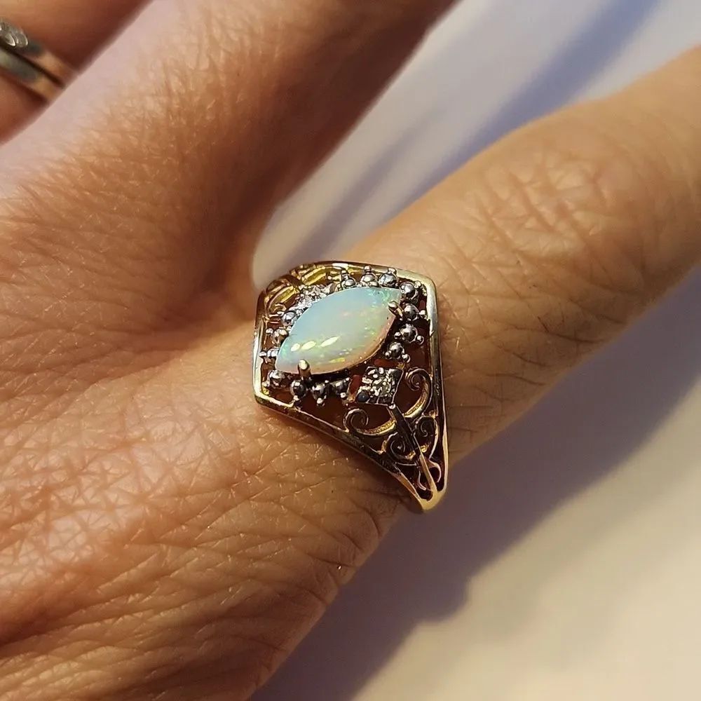 10K Yellow Gold 10K White Gold Opal Ornate Ring Size 8 With 2 Small Diamonds
